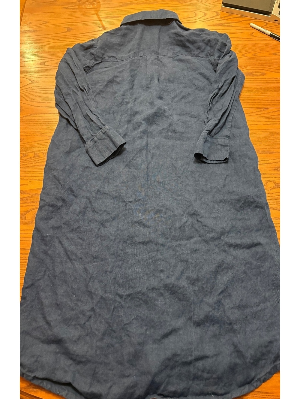 MaTuTu Linen Dress 100% Linen Long Sleeve Button-Up Pockets Dress Navy Size L - Picture 8 of 8